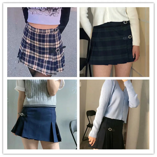 Brandy Skirts Women Plaid Pleated Shorts Skirt A Line Kawaii Egirls Low Waisted Belt Button Sexy Skirt Black Mini Buckle Skirts